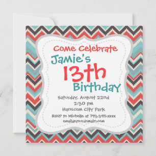 Invitation Aztec Tribal Chevron Zig Zag Motif Red Blue Grey