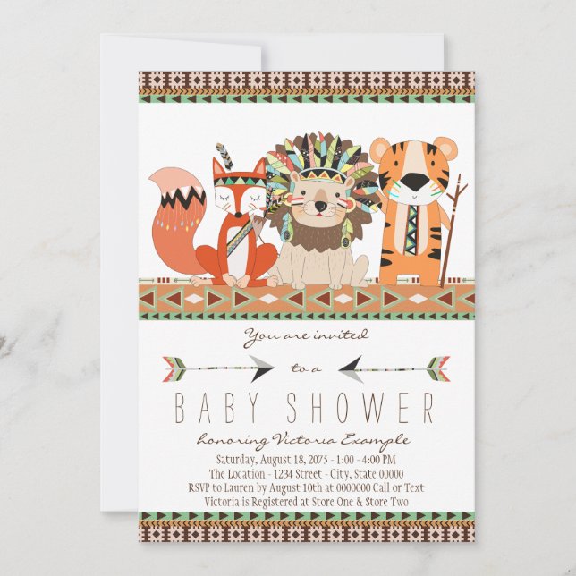 Invitation Aztec Tribal Fox Lion Tiger Baby shower (Devant)