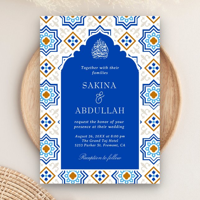 Invitation Azure Blue Persian Mosaic QR Code Mariage musulman (Créateur téléchargé)