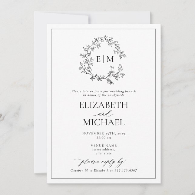 Invitation B&W Leafy Crest Monogramme Post Mariage Brunch (Devant)
