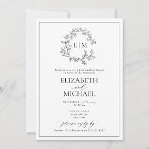 Invitation B&W Leafy Crest Monogramme Post Mariage Brunch