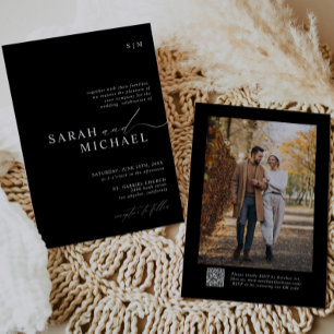 Invitation B&W minimal élégant script moderne QR Code Mariage