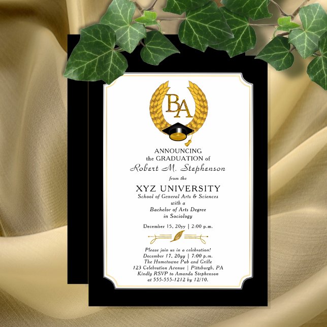 Invitation BA - Diplôme de licence ès lettres Collège Graduat (Elegant "BA" Bachelor of Arts Degree College University Graduation Invitation Print and/or Download)