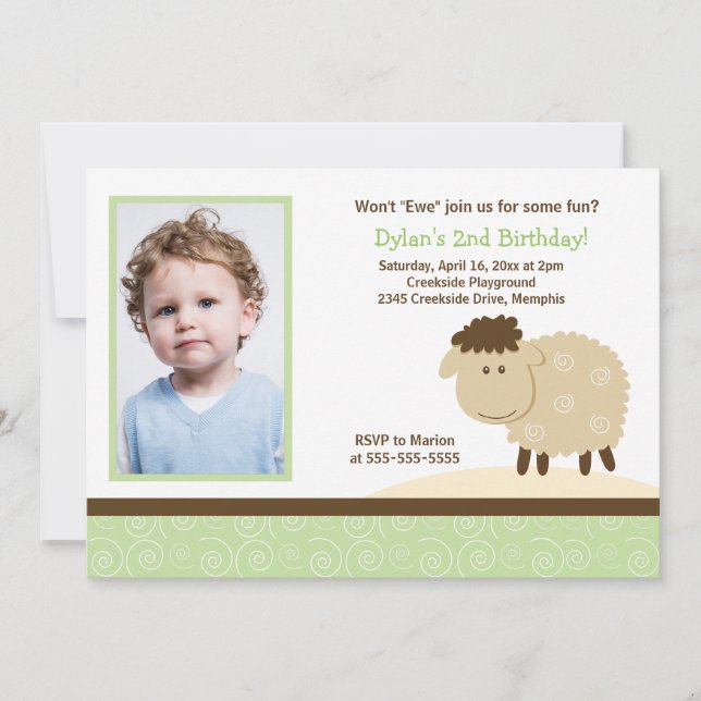 Invitation Baa Baa Sheep Green *PHOTO* Anniversaire 5x7 (Devant)
