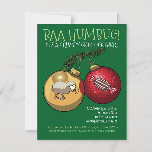 Invitation Baa Humbug Baubles Moutons de Noël et Carton de bo (Devant)