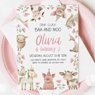 Invitation Baa Oink Moo j'ai deux ans Invitation, Fille de la