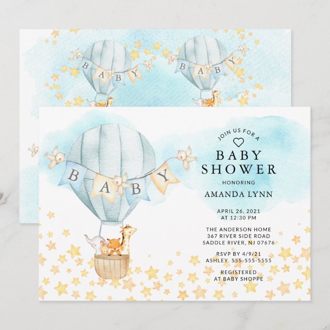 Invitation Baby Animals Hot Air Balloon Baby Boys Douche (Devant / Derrière)