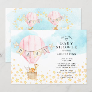 Invitation Baby Animals Hot Air Balloon Baby Girl Douche