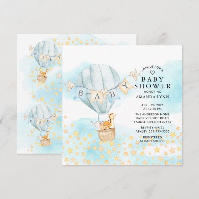 Invitation Baby Animals Hot Air Balloon Ride Boys Baby shower (Devant / Derrière)