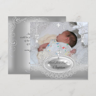 Invitation Baby Baptism Girl Garçon Christening Silver Pearl