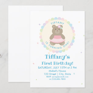 Invitation Baby Bear Cub Ballerina Girl First Birthday Party