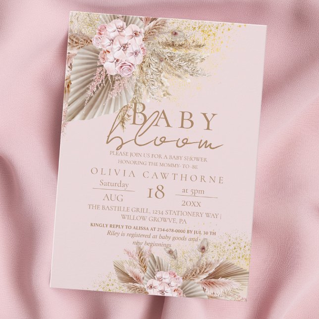 Invitation Baby Bloom Blush Rose Boho Fleurs Fille Douche (Créateur téléchargé)
