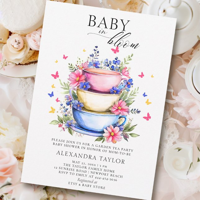 Invitation Baby Bloom Tea Party Fleurs sauvages Baby Girl Dou (baby in bloom shower invitation wildflowers garden tea party colorful summer spring)