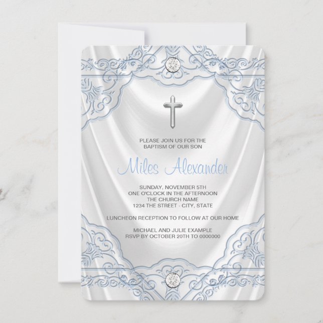 Invitation Baby Blue Baptism Christening White Satin (Devant)