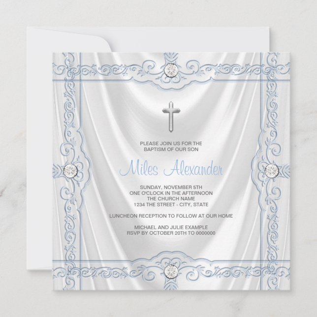 Invitation Baby Blue Baptism Christening White Satin (Devant)