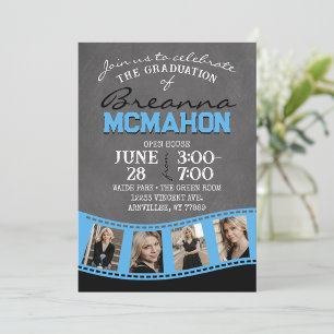 Invitation Baby Blue & Black Chalkboard Photo Filmstrip Grad