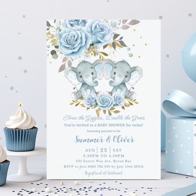 Invitation Baby Blue Floral Cute Elephants Twins Baby shower (Créateur téléchargé)
