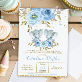 Invitation Baby Blue Floral Elephant Twin Boys Baby shower