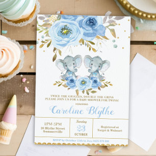 Invitation Baby Blue Floral Elephant Twin Boys Baby shower