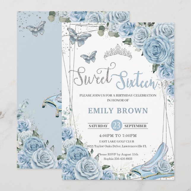 Invitation Baby Blue Floral Princess Sweet sixteen 16e (Devant / Derrière)