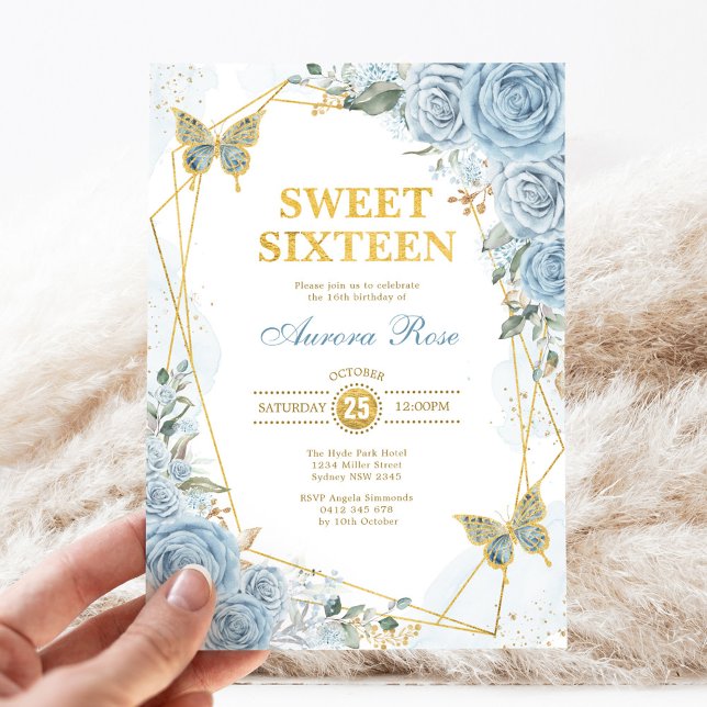 Invitation Baby Blue Gold Sweet 16 Butterfly Cadre géométriqu (Créateur téléchargé)
