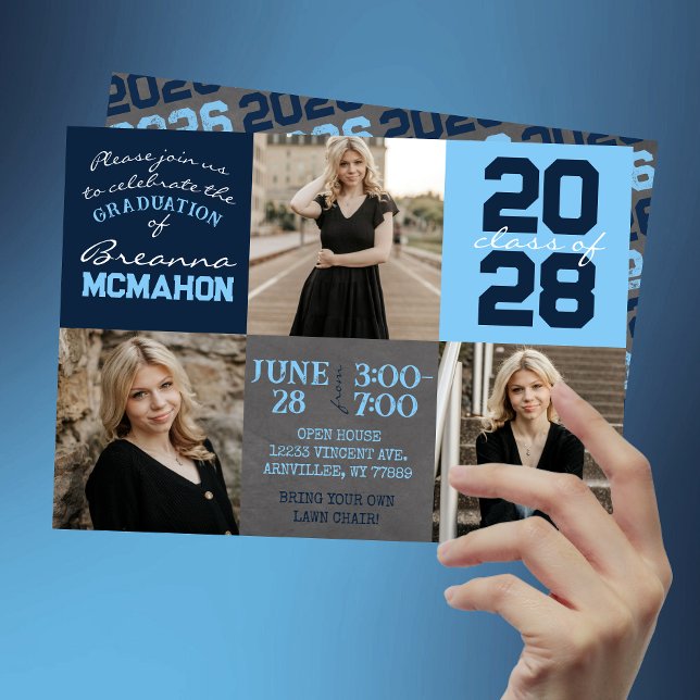 Invitation Baby Blue & Navy Chalkboard 3 Photo Graduation (Baby Blue and Navy Chalkboard 3 Photo Graduation Invitations)