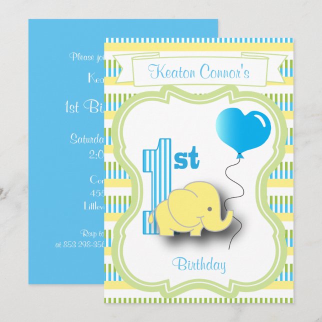 Invitation Baby Boy 1er anniversaire fête avec un bébé élépha (Devant / Derrière)