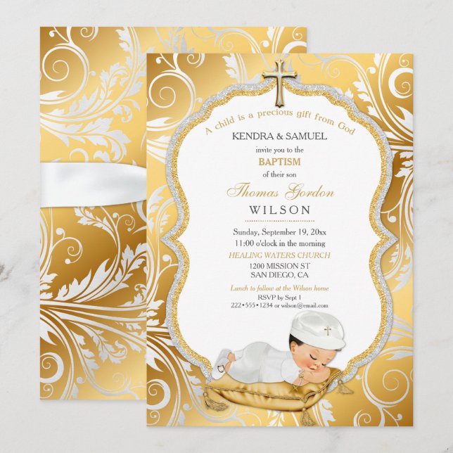 Invitation Baby Boy Baptism Christening Gold Cross (Devant / Derrière)