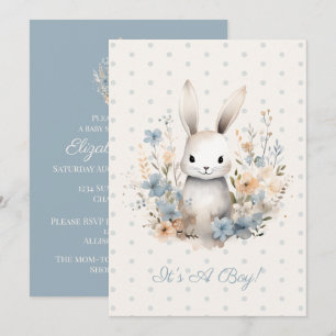 Invitation Baby Boy Blue Rabbit and Flowers Baby shower