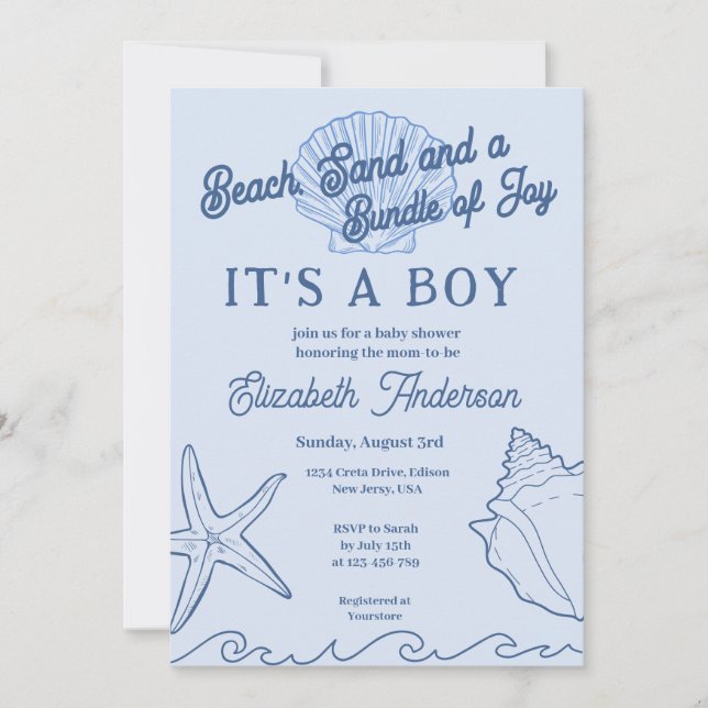 Invitation Baby Boy Blue Summer Baby shower Beach (Devant)