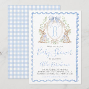 Invitation Baby Boy Bunny Rabbit Douche Preppy Blue En vichy