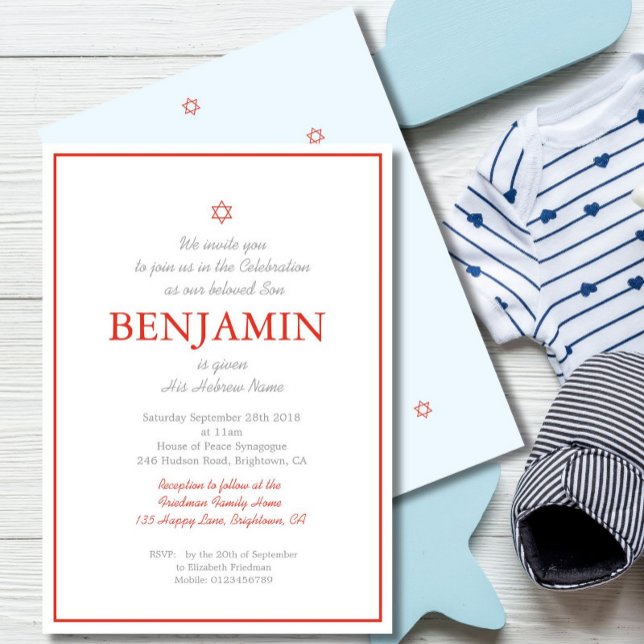 Invitation Baby Boy Cérémonie de baptême hébreu rouge bleu (Créateur téléchargé)