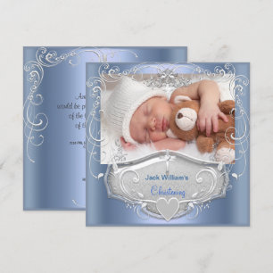 Invitation Baby Boy Christening Baptême Croix Bleue Argent