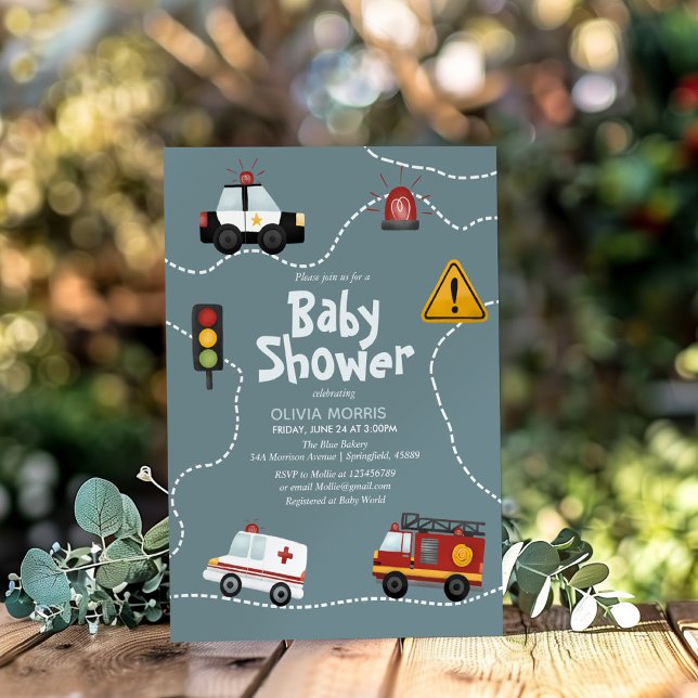 Invitation Baby Boy Cute Blue Transport Baby shower de police (Créateur téléchargé)