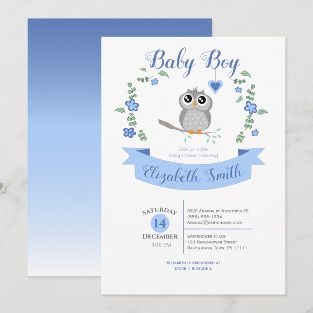 Invitation Baby Boy Cute owl baby shower (Devant / Derrière)