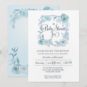 Invitation Baby Boy Douche Marine avec Aqua Blue Aquarelle Fl