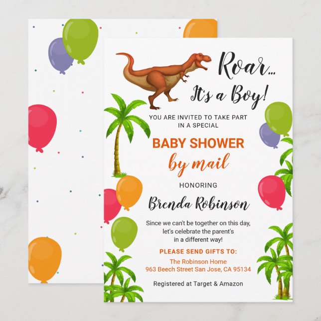 Invitation Baby Boy Douche Par Mail Roar Jungle Dinosaur (Devant / Derrière)