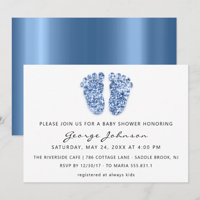 Invitation Baby Boy Douche Pieds Parties scintillant Bleu Bla (Devant / Derrière)