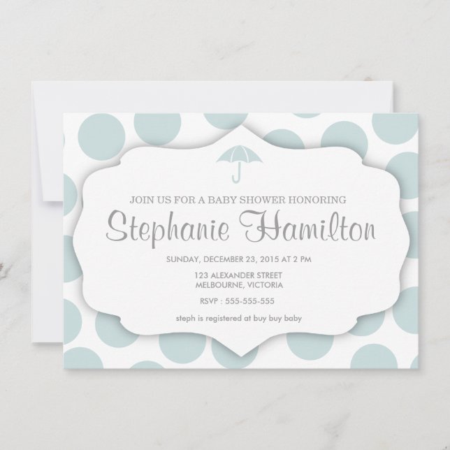Invitation Baby boy douche pois cadre parapluie bleu (Devant)