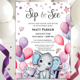 Invitation Baby Boy Elephant Festive Blue Balloon SIP ET VOIR