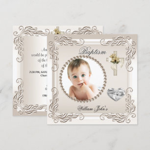 Invitation Baby Boy Girl Beige Cream Christening Baptême