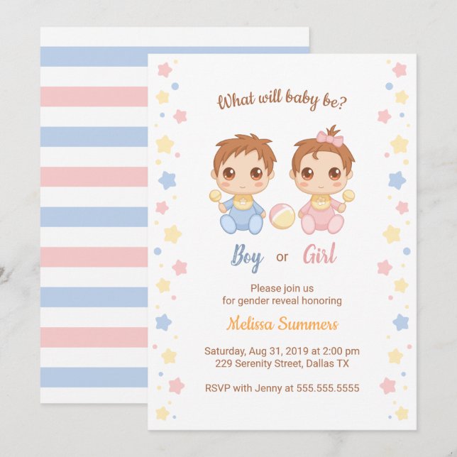Invitation Baby Boy Girl Gender Reveal Party (Devant / Derrière)