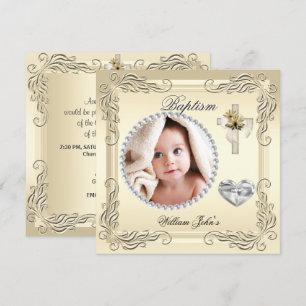 Invitation Baby Boy Girl Gold Cream Christening Baptism Cross