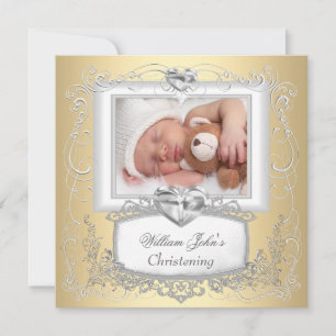 Invitation Baby Boy Girl Gold Cream Christening Baptism Cross