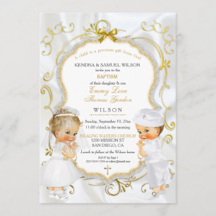 Invitation Baby Boy & Girl Twins Baptism Christening Gold