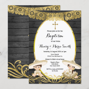 Invitation Baby Boy & Girl Twins Baptism Christening Gold
