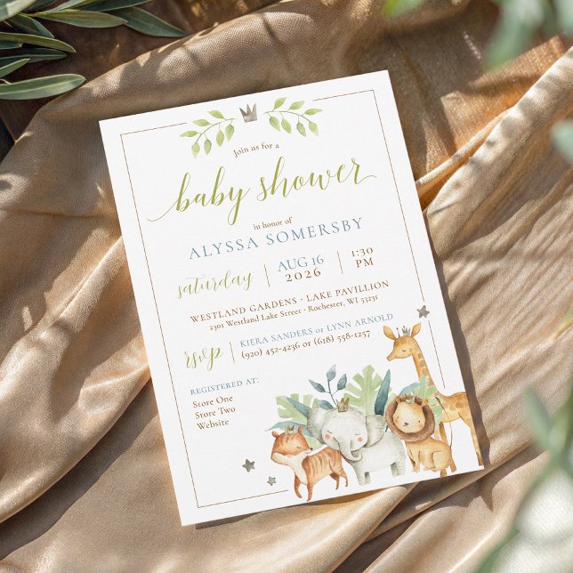 Invitation Baby Boy Jungle Safari Animaux Blue Green Douche (Cute watercolor wild jungle safari zoo animals tropical greenery crown blue green baby boy shower)