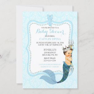 Invitation Baby Boy Merman Merboy Prince Crown Damask Invitat