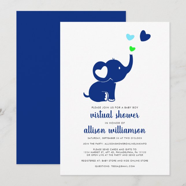 Invitation Baby Boy moderne Douche virtuelle Blue Elephant (Devant / Derrière)