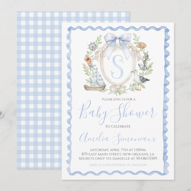 Invitation Baby Boy Nautical Shower Preppy Blue Sailing (Devant / Derrière)